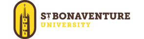 Logo of St. Bonaventure University featuring an image of a yellow tower with a white cross inside set on a green shield, accompanied by the university's name in yellow and white text, representing its Online Marketing MBA Programs.