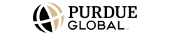 Logo of Purdue Global featuring a stylized globe with segments in black and brown, next to the text "PURDUE GLOBAL" in white on a green background.