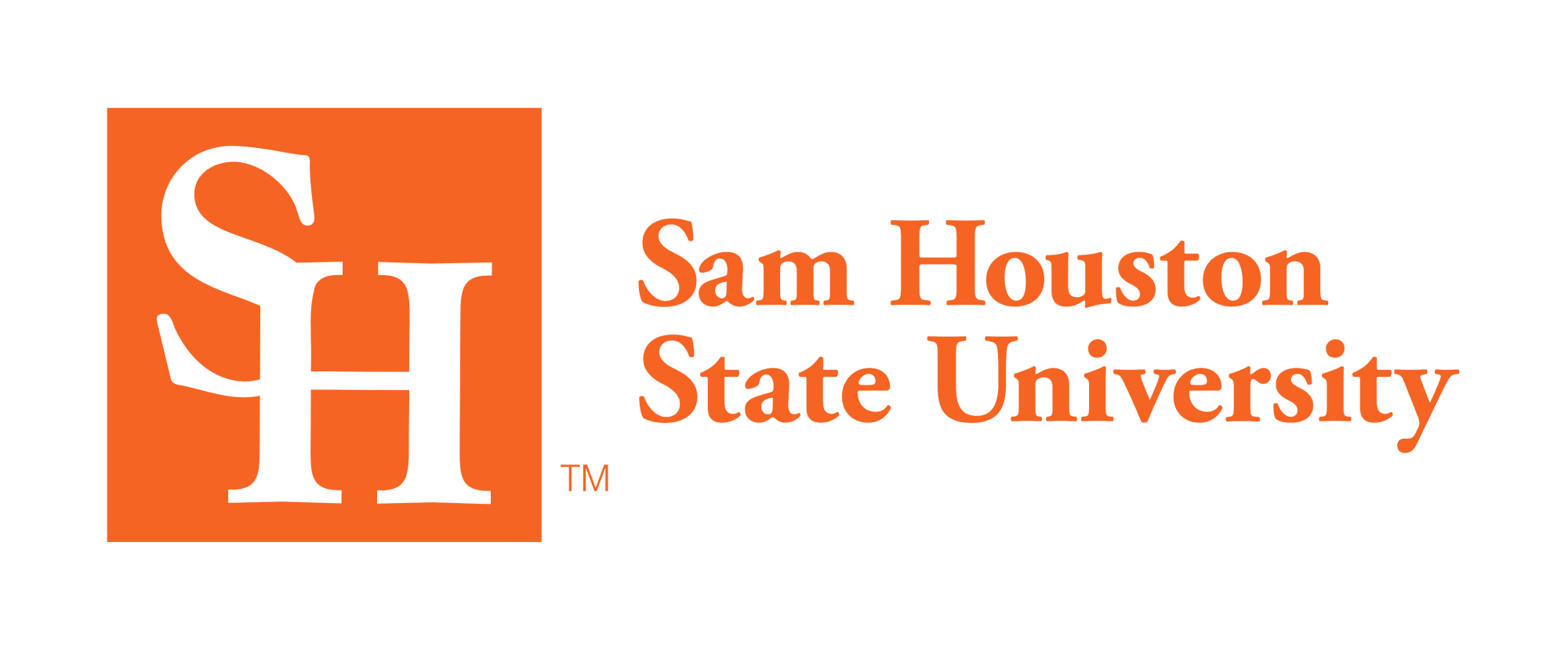 Logo of Sam Houston State University showcasing an orange square with stylized white letters "sh" and "Sam Houston State University," renowned for its Graduate Criminal Justice programs, written next to it in white on a green background.