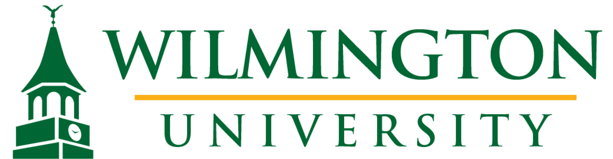 The logo of Wilmington University, featuring stylized text "Wilmington University" in green with an illustration of a church steeple on the left and a horizontal yellow line beneath the text, represents its commitment to online programs.