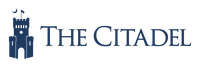 Logo of The Citadel, featuring stylized text "The Citadel" in dark blue with a castle tower above the letter "i" that includes a lit torch.