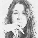 A pencil sketch of a woman with long hair, looking thoughtful, her finger resting on her chin.
