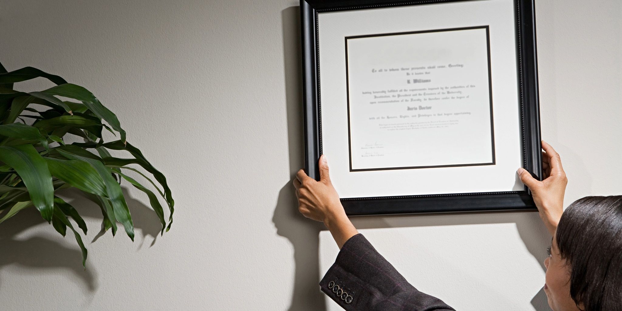 A person in a suit hangs a framed certificate or diploma on a beige wall, with a green leafy plant visible on the left side of the image.