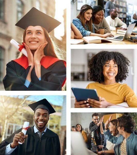 A collage of students: two graduates in caps and gowns holding diplomas, a woman smiling with a tablet, students collaborating around laptops, and a group raising hands in a classroom.