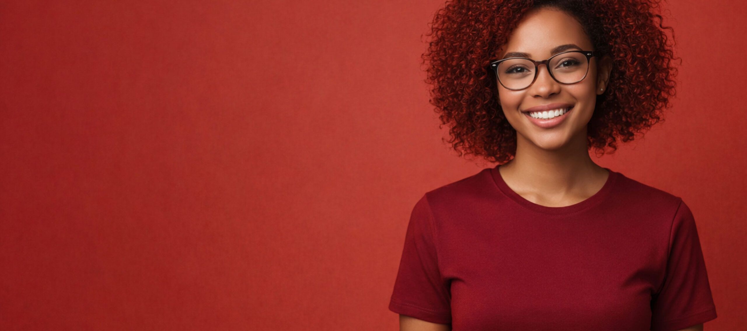 Smiling young woman with curly hair and glasses, wearing a maroon t-shirt, stands against a solid red background.